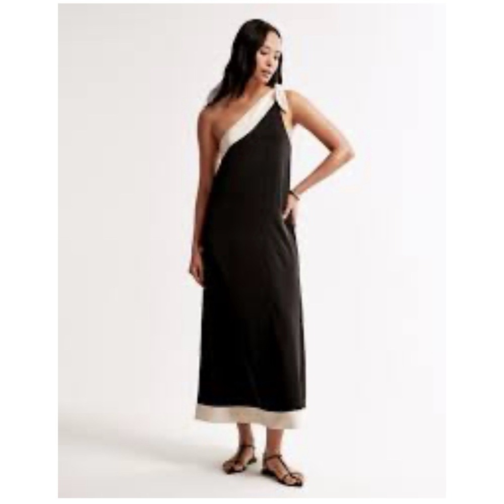 Abercrombie & Fitch One-Shoulder Scarf Midi Dress Sz LP Black Asymmetric Elegant